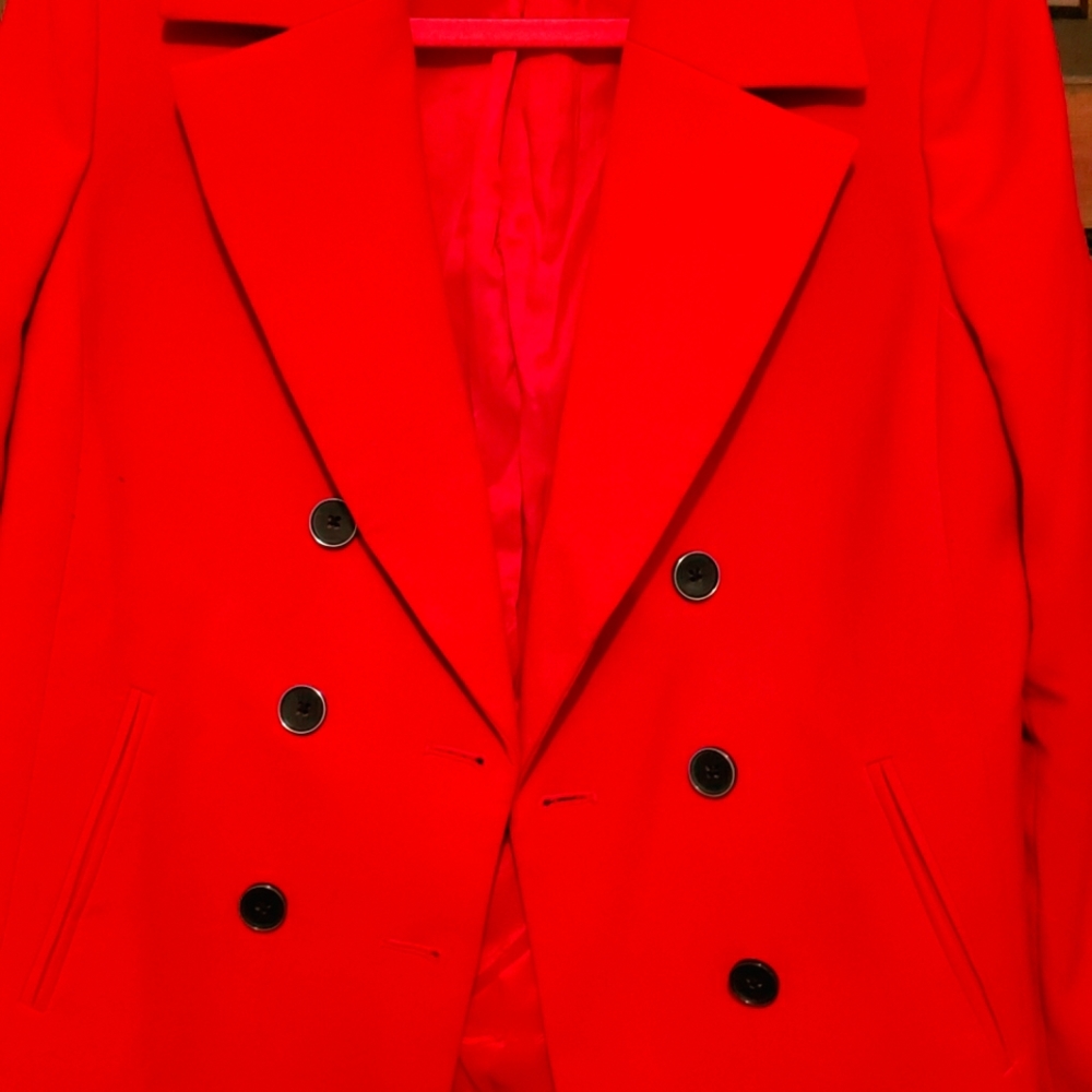 Anne Klein pre-owned red blazer women sz 12; polyester/rayon; double breasted;
